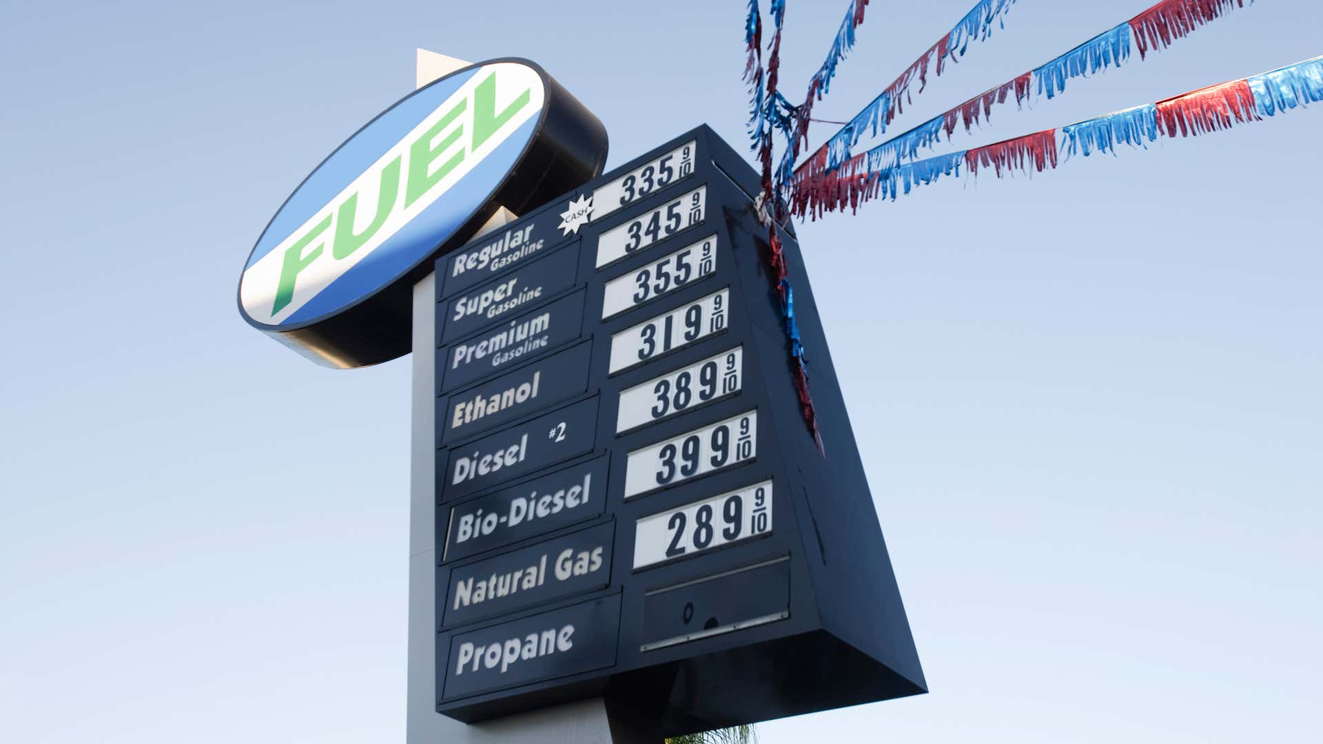 A fuel station's list of available gasoline. 加油站可用汽油的清单。