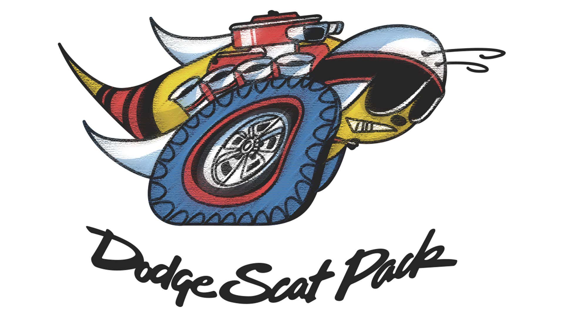 The Dodge Scat Pack bee features tires, engine parts, a helmet, and goggles as part of the design. Dodge Scat Pack bee的特点是轮胎,引擎部件,头盔和护目镜作为设计的一部分。