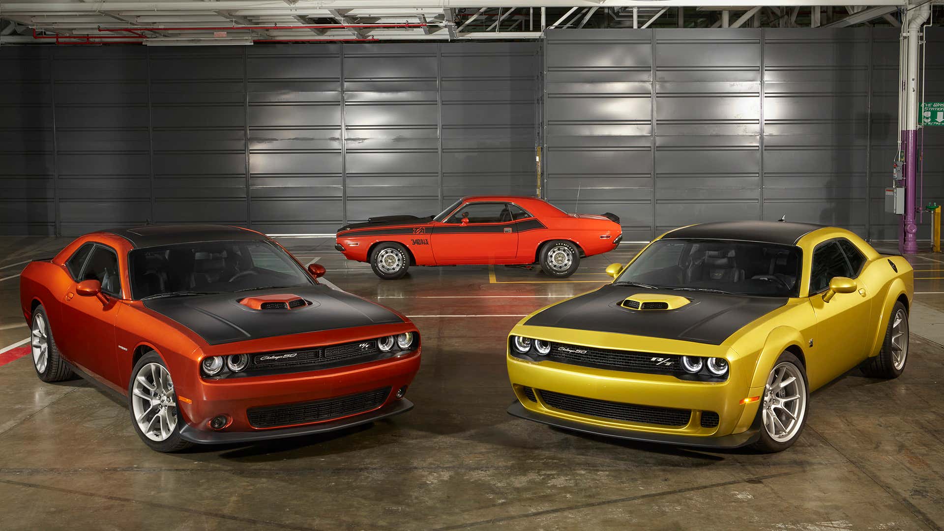 An assortment of Dodge Challengers. 各种各样的道奇挑战者。