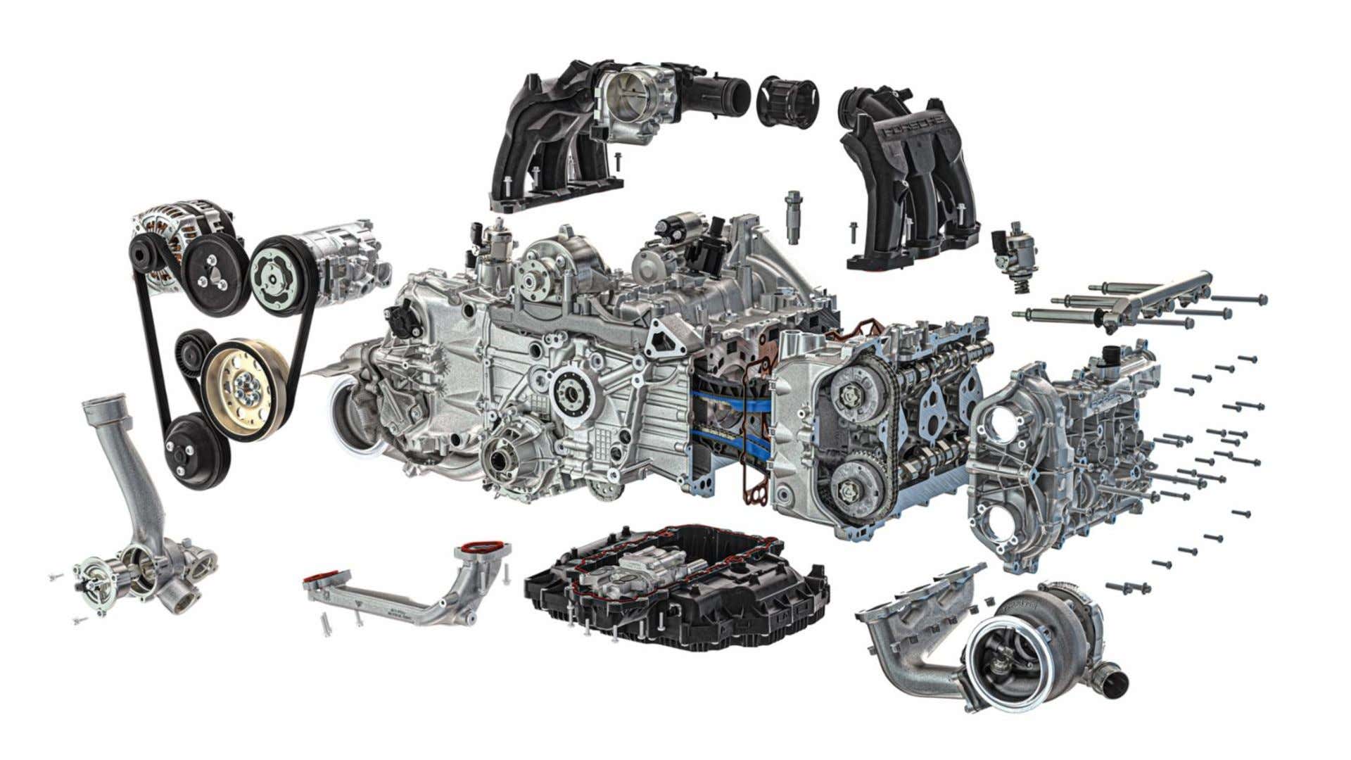 Parts of a Porsche 718 boxer engine are exploded to show its design. 保时捷718拳击发动机的部件被爆炸以显示其设计。