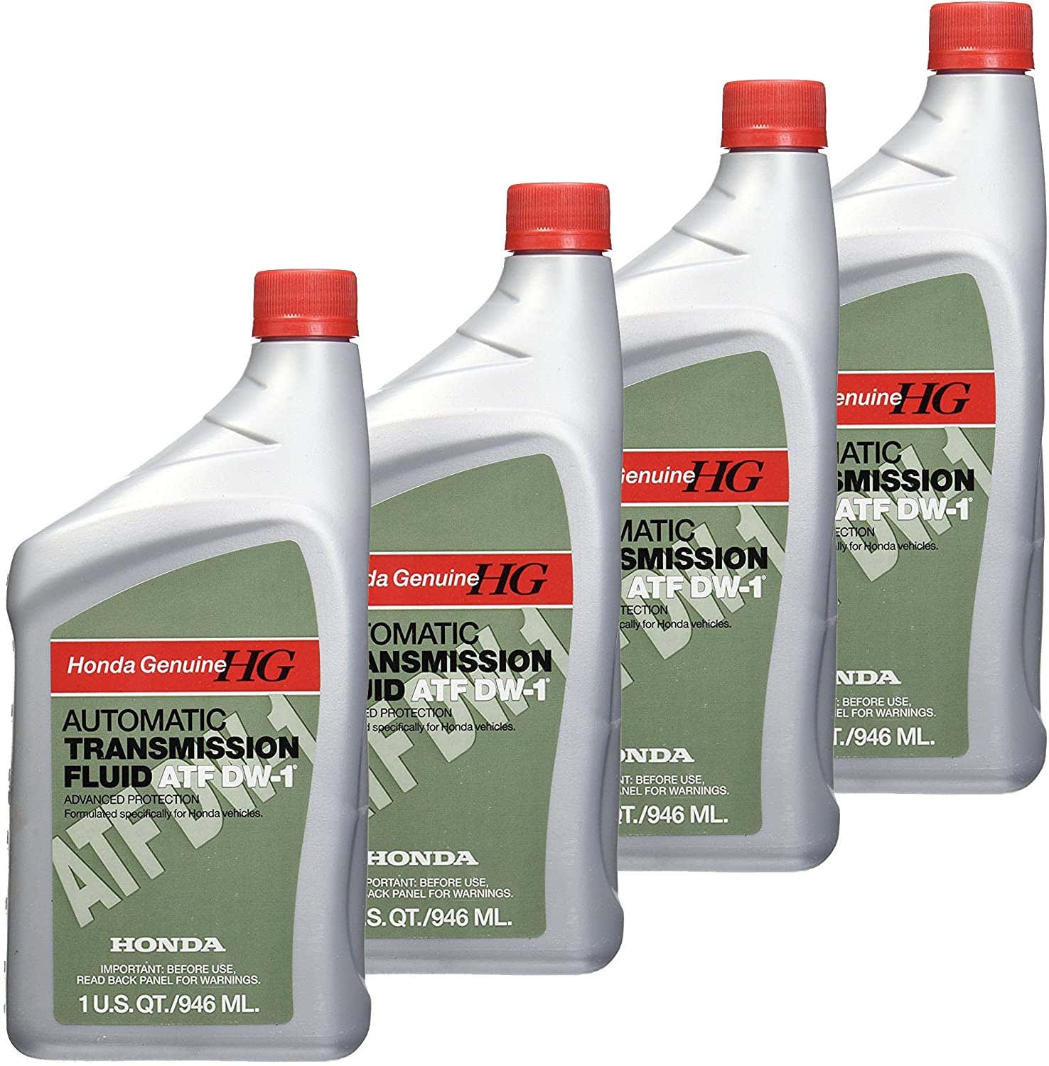 Four bottles of Honda Genuine ATF DW-1 are placed in a row. 四瓶本田正品ATF DW-1放在一排。