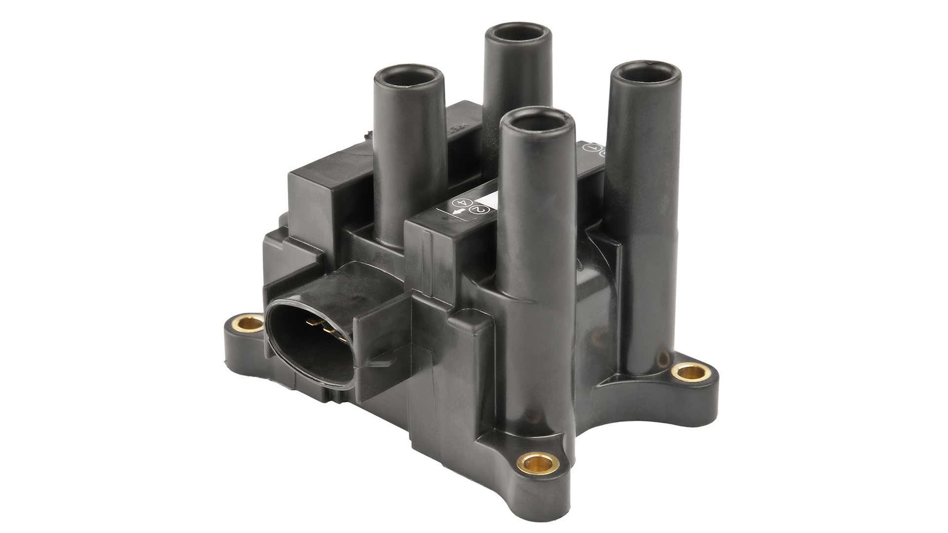 A black ignition coil pack on a white image. 白色图像上的黑色点火线圈包。