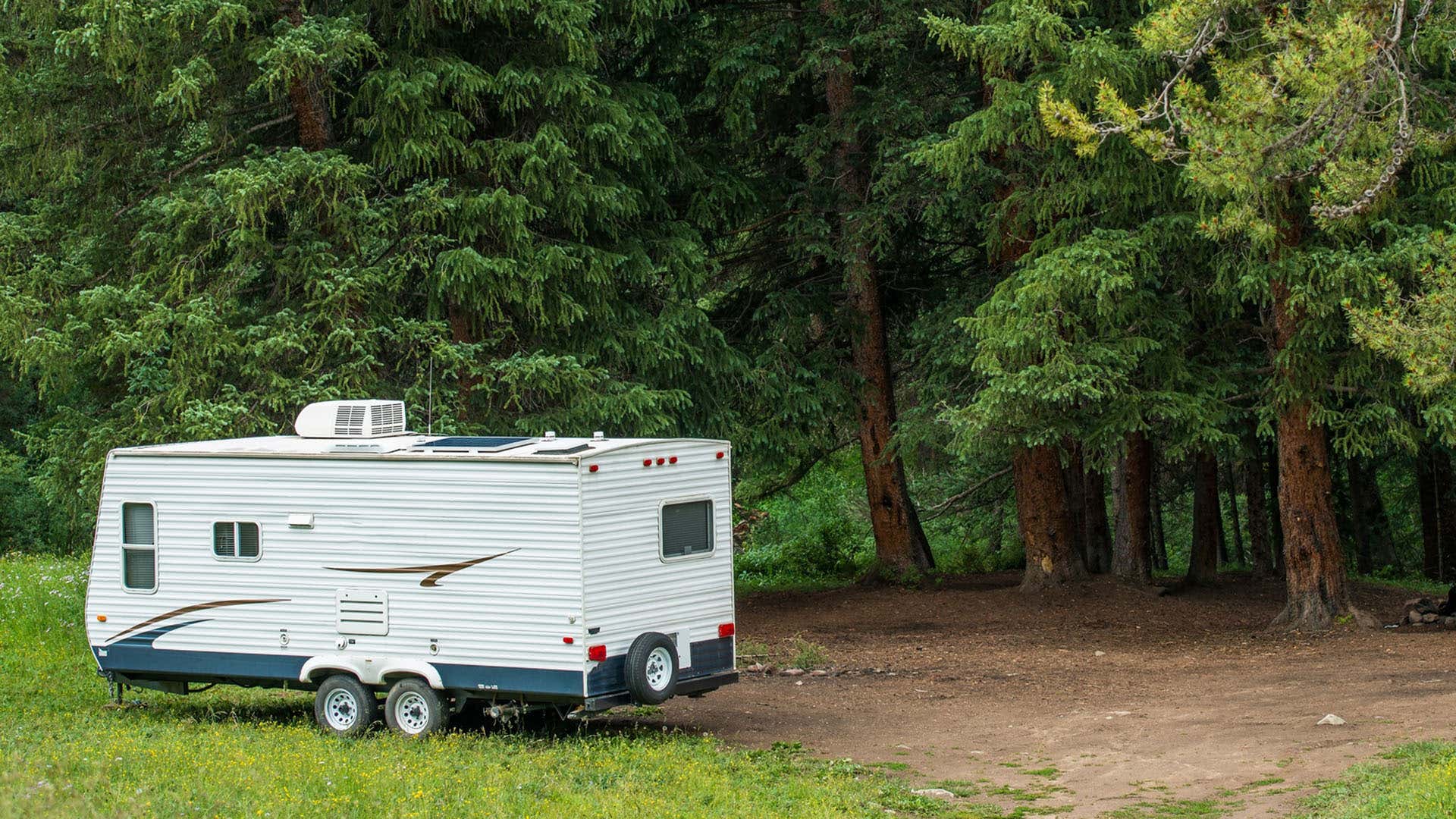 A white camper parks next to some woods. 一个白色的露营车停在树林旁边。