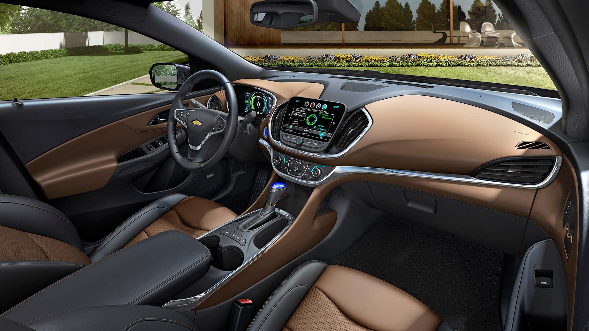 A Chevy Volt's interior front cabin. 雪佛兰伏特的内部前舱。