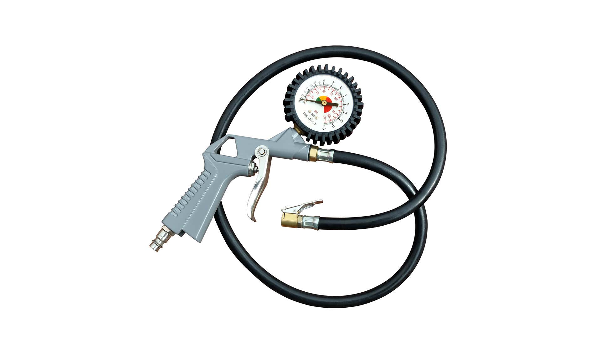 A tire inflator with a built-in pressure gauge. 一个内置压力表的轮胎打气筒。
