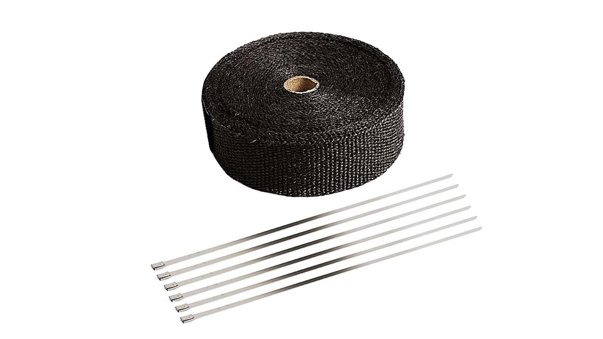 Black motorcycle exhaust wrap next to metal ties on a white backdrop. 黑色摩托车排气包装旁边的金属系在白色的背景。